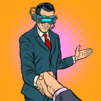 businessman shaking hands in virtual reality. Pop art retro vector illustration