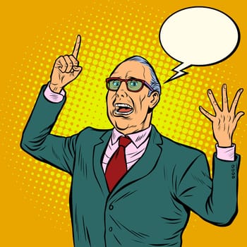 Old man emotional speaker. Pop art retro vector illustration