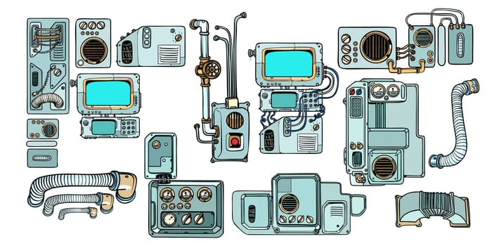 Retro science. Cyberpunk robots mechanisms and machines. Details of the spacecraft. Pop art retro vector illustration