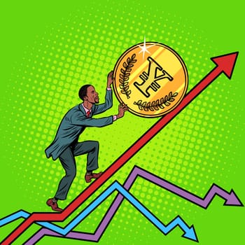 African American man roll a yen coin up. Pop art retro vector illustration vintage kitsch