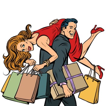 man carries woman in his arms, sale. Pop art retro illustration vintage kitsch drawing