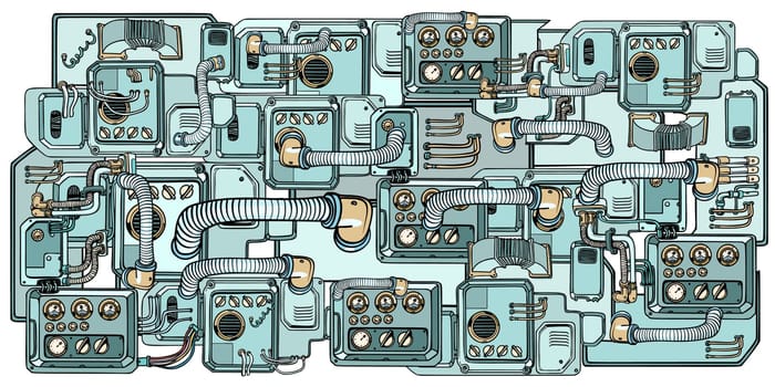 Retro science. Cyberpunk robots mechanisms and machines. Details of the spacecraft. Pop art retro vector illustration