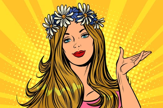 Beautiful woman in a flower wreath. Presentation gesture. Pop art retro vector illustration vintage kitsch
