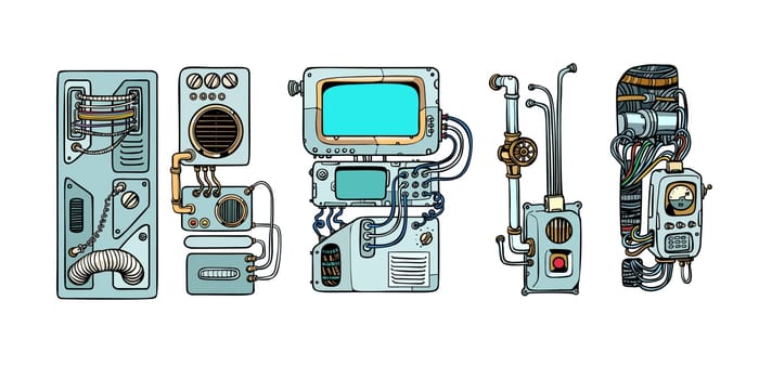Retro science. Cyberpunk robots mechanisms and machines. Details of the spacecraft. Pop art retro vector illustration