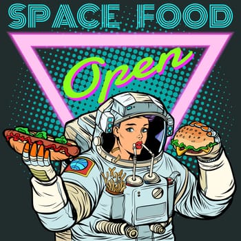 Space food. Woman astronaut eats. Cola, hot dog and Burger. Pop art retro vector illustration kitsch vintage