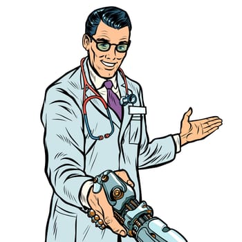 doctor handshake to robot, medicine and health care. Prosthesis bioprosthesis. Pop art retro vector illustration