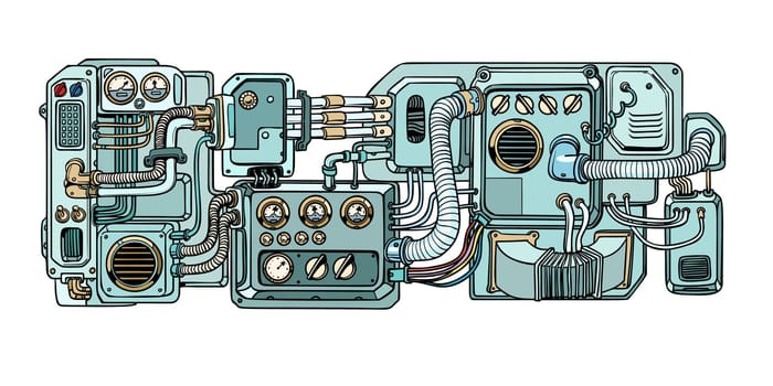Retro science. Cyberpunk robots mechanisms and machines. Details of the spacecraft. Pop art retro vector illustration