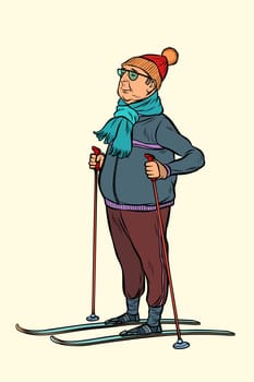 skier middle-aged man, Hiking skiing. Pop art retro vector illustration vintage kitsch