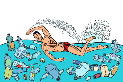 Ocean pollution by plastic trash. Ecology concept. man swimmer swims. Pop art retro vector illustration vintage kitsch