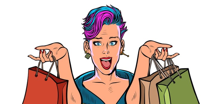 woman shopping on sale. isolate on white background. Pop art retro vector illustration vintage kitsch