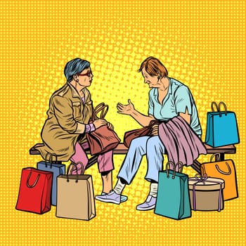 Older women girlfriends shopping. Pop art retro vector illustration vintage kitsch