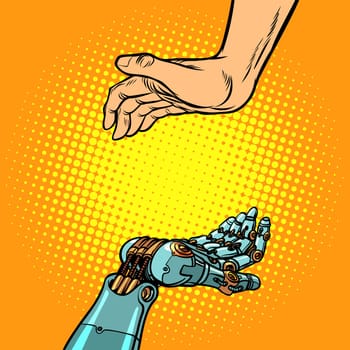 Human and robot hands. presentation gesture. Pop art retro vector illustration vintage kitsch