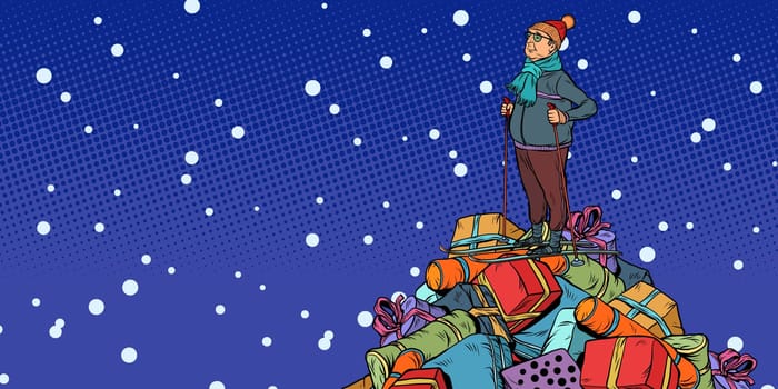 Christmas sale Shopping gifts. skier middle-aged man, On a mountaintop. Pop art retro vector illustration vintage kitsch