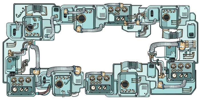 Retro science. Cyberpunk robots mechanisms and machines. Details of the spacecraft. Pop art retro vector illustration