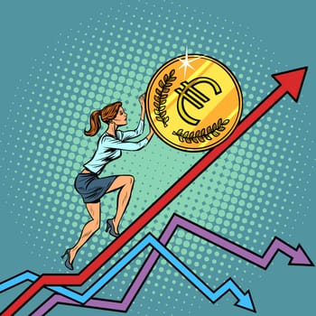 woman businesswoman roll a euro coin up. Pop art retro vector illustration vintage kitsch