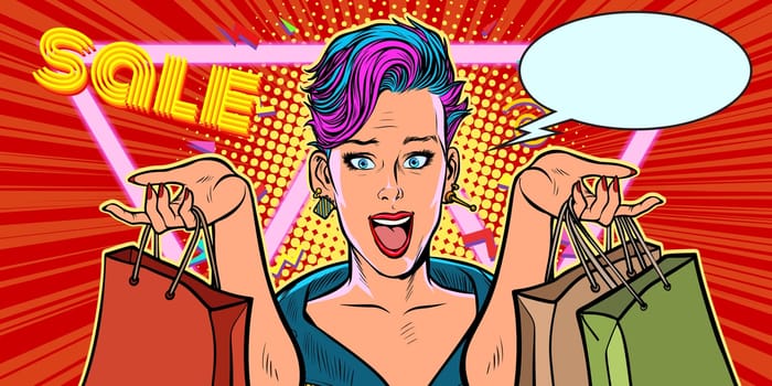 woman shopping on sale. Pop art retro vector illustration vintage kitsch