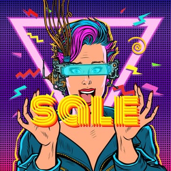 sale. online shopping. joyful woman in virtual reality. Pop art retro vector illustration vintage kitsch