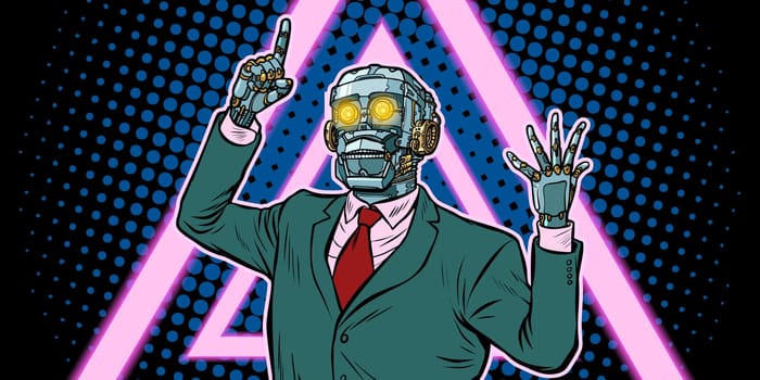 Cyberpunk 80s style. emotional speaker robot, dictatorship of gadgets. Pop art retro vector illustration