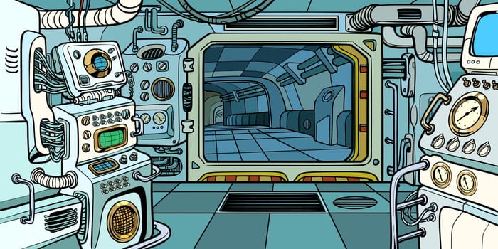 Cabin of the spacecraft. Pop art retro vector illustration kitsch vintage