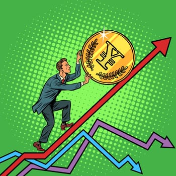 businessman roll a yen coin up. Pop art retro vector illustration vintage kitsch