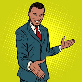 African businessman shaking hands. Pop art retro vector illustration