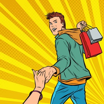 follow me. Young man leads on sale. Couple man and woman shopping. Pop art retro vector illustration vintage kitsch