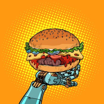Burger on a robot arm. Pop art retro vector illustration vintage kitsch