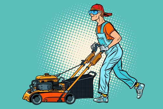 lawn mower worker. Profession and service. Pop art retro vector illustration vintage kitsch