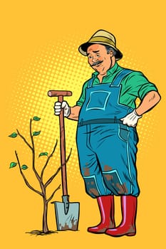 old gardener plants a seedling. ecology and gardening. trees and garden tools. Pop art retro vector illustration vintage kitsch