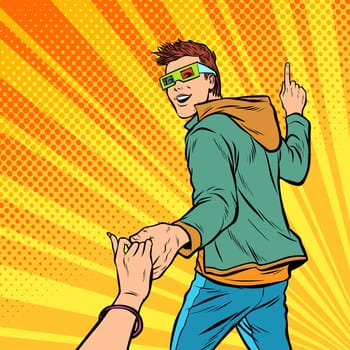 follow me. a couple of a young man and a girl go to the cinema to watch a blockbuster, stereo glasses. Pop art retro vector illustration kitsch vintage