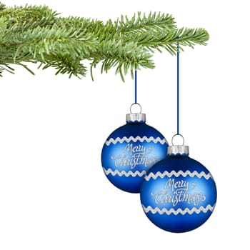 fir with a pair of blue silver christmas balls