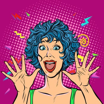 joyful woman, Girls 80s. Surprised cute smile. Pop art retro vector illustration. Girls 80s