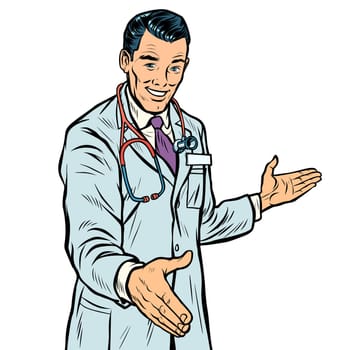 doctor handshake, medicine and health care. Pop art retro vector illustration