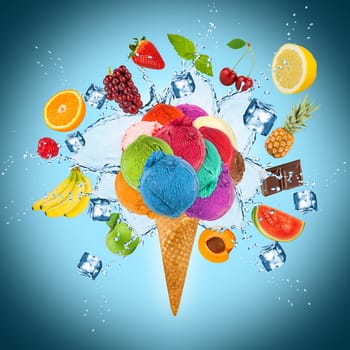 ice cream concept with ice cubes and fruits