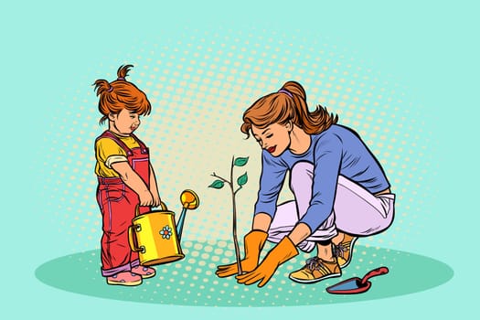 mother and daughter working in the garden, planting a seedling. Pop art retro vector illustration vintage kitsch
