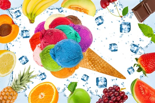 ice cream concept with ice cubes and fruits