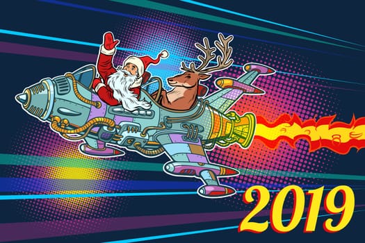 2019 new year. Santa Claus with a deer flying on a rocket. Pop art retro vector illustration vintage kitsch