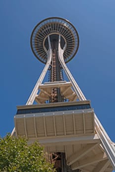 Looking up at the Seattle Space Needle in Space Needle Park in Seattle