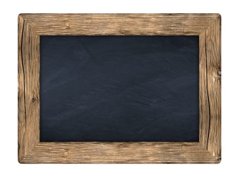 little blackboard with wooden frame in front of white background