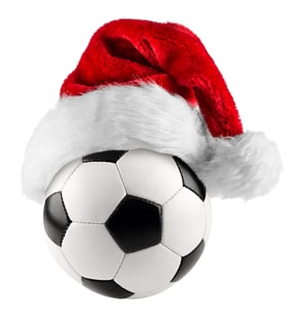 santa hat on soccer ball on white background