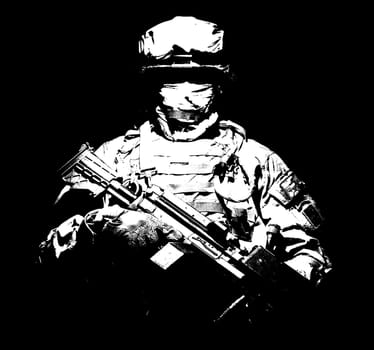 United States Armed Forces soldier in battledress with black glasses and mask on face, armed squad automatic weapon emerges from darkness. Military threat, secret stealth mission, hybrid war combatant