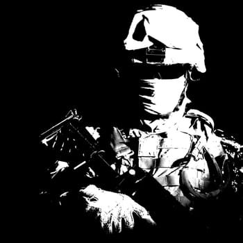 Shoulder portrait of war, military conflict combatant, army special forces soldier, counter terrorist forces fighter armed with rifle in combat helmet, glasses and mask cropped on black background