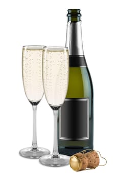 bottle of champagne glasses and cork