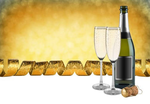 bottle of champagne glasses and cork in front of golden background