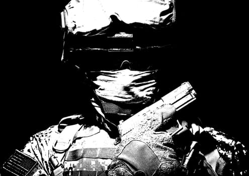 Special operations forces soldier in combat helmet with hidden behind balaclava and dark glasses face posing with sidearm service pistol in hand. Brown tone, high contrast, cropped on black background