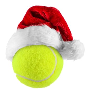 santa hat on tennis ball on white background