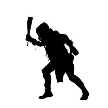 Aggressive and evil humanoid monster or creature of post apocalyptic, poisoned by dangerous pollution world wearing tattered rags and gas mask, brandishing bloodstained machete studio shoot on white