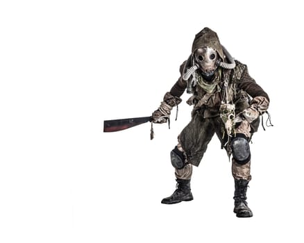 Aggressive and evil humanoid monster or creature of post apocalyptic, poisoned by dangerous pollution world wearing tattered rags and gas mask, brandishing bloodstained machete studio shoot on white