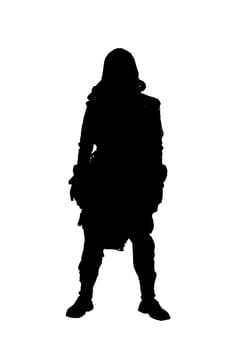 Terrifying post apocalyptic human creature, person survived in poisoned by pollution, post nuclear catastrophe world wearing tatters and full-face gas mask isolated on white background studio shoot
