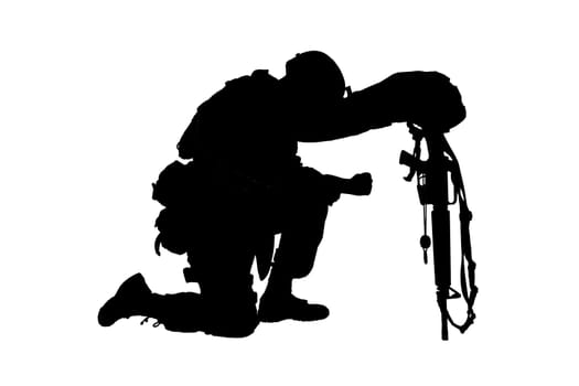 Army soldier in sorrow for fallen comrade, standing on knee, leaning on rifle with helmet and two dog tags on chain, studio shoot isolated on white low key silhouette. Military funeral honors, grief for killed in action